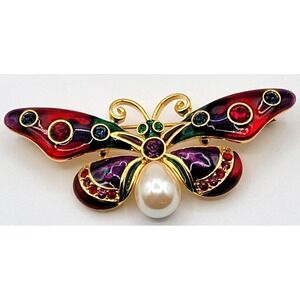 JOAN RIVERS COLORFUL CRYSTAL RHINESTONE FAUX PEARL RED‎ BUTTERFLY BROOCH PIN